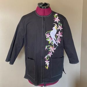 Bob Mackinac Wearable Art Black Zippered Blazer with Bird Embroidery (Size S)